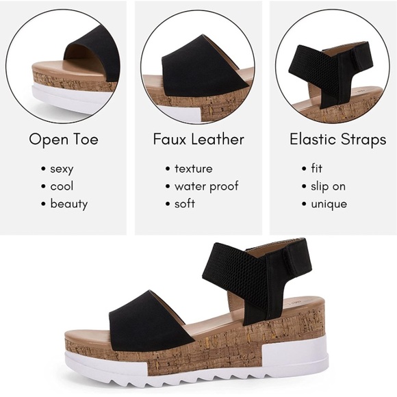 Platform Wedge Slip On Sandals Open Toe Cork Elastic Strap Cork - Picture 2 of 4